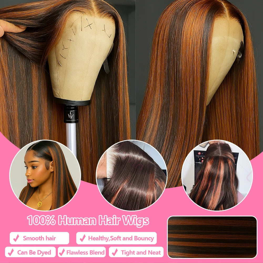 1B/30 Highlight Omber Brown Colored Wigs Human Hair 30 Inch High Density 13x4 Bone Straight Hd Lace Front Wig Human Hair On Sale