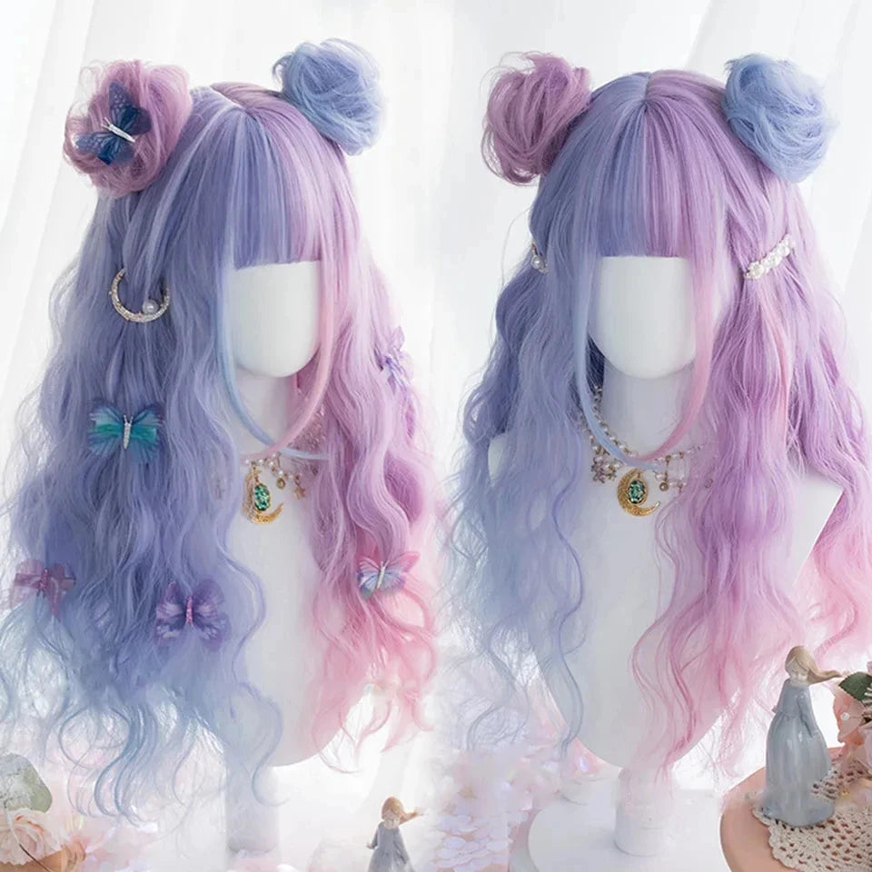 Long Curly Wave Wig with Bangs Blonde Biue Colorful Cosplay Wig for Women