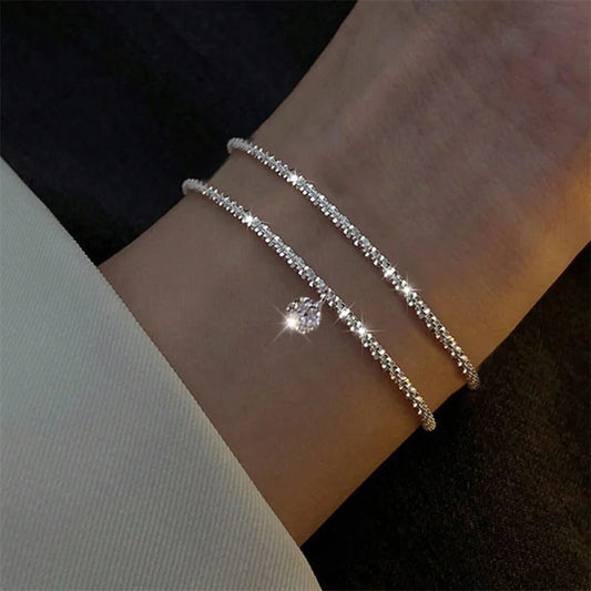 Sparkling Bracelet For Women Double-deck Silver Color Adjustable Hand Chain Fine Fashion