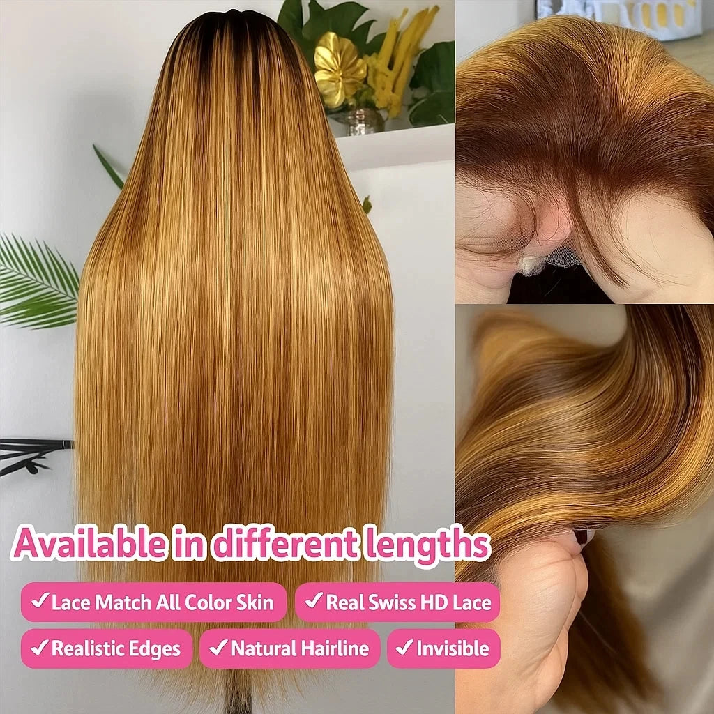 P4/27 Highlight Omber Blonde Colored Wigs Human Hair 30 Inch High Density 13x4 Bone Straight Lace Front Wig Human Hair Brazilian