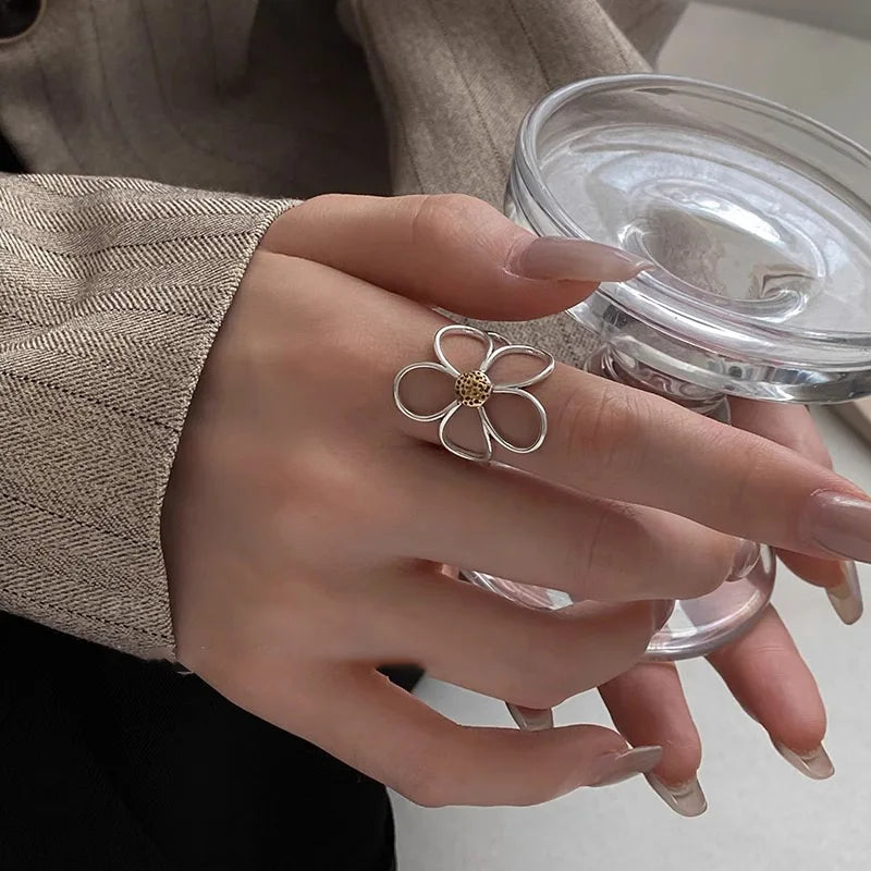 925 Sterling Silver Rings for Women Couple Minimalist Handmade Simple Big Flower Ring Party Jewelry Gift