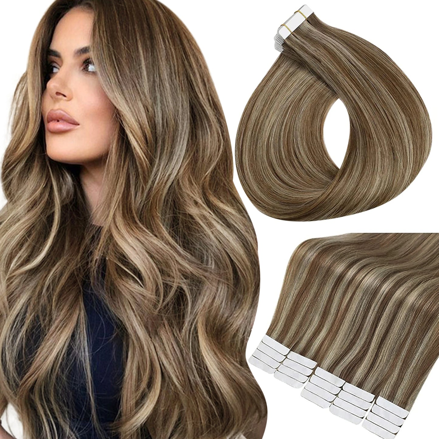 Full Shine Tape in Human Hair Extensions 100% Remy Natural Human Hair Extensions Tape in Omber Blonde Hair Extensions for Women