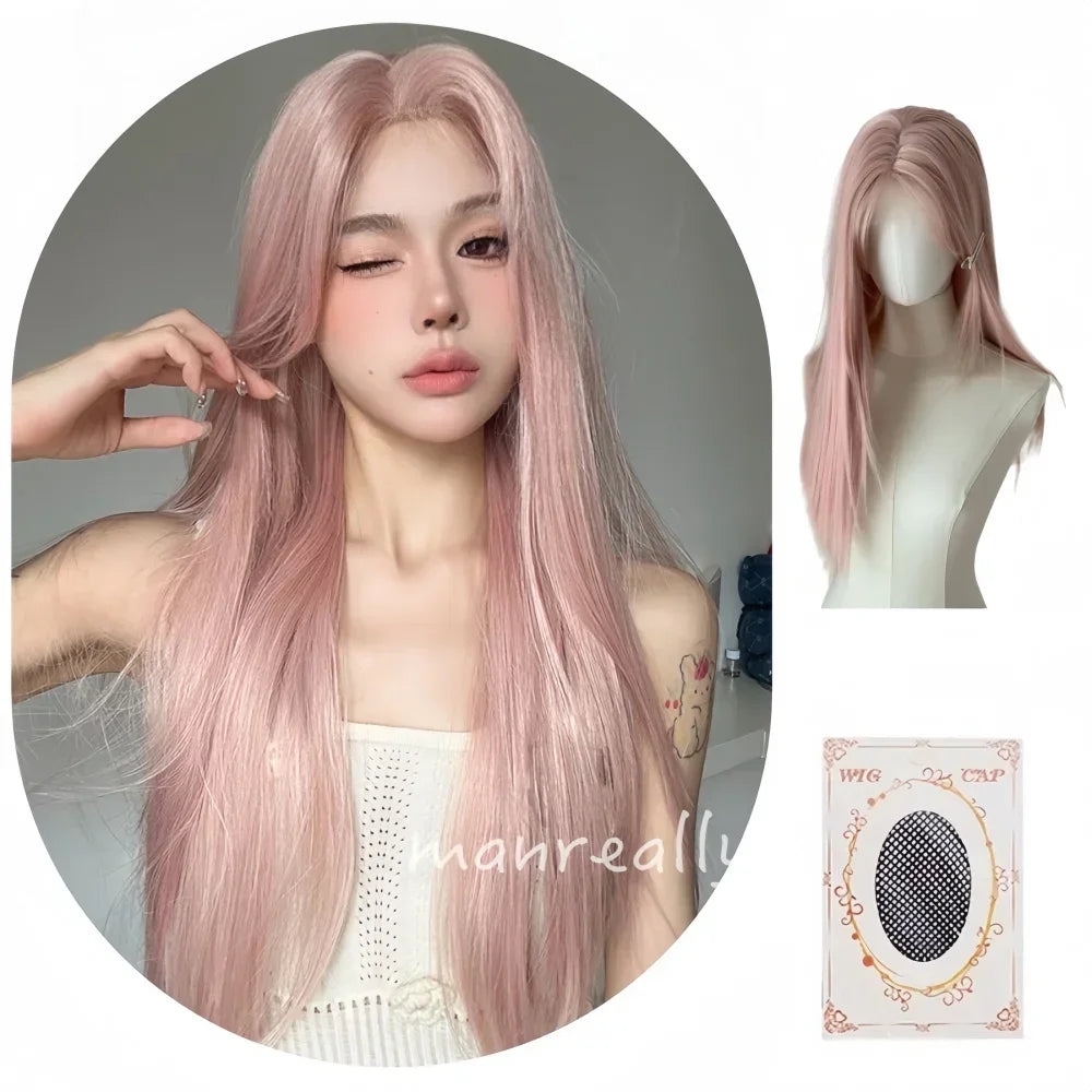 Pink Wig for Women Long Wavy Cosplay Wigs Natural Soft Sweet Synthetic Wig for Daily Use