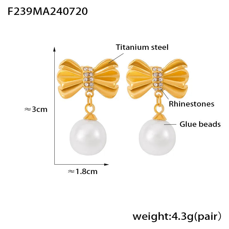 Cute Earrings For Women Bow Pearl Rhinestones Luxury Stainless Steel Vintage