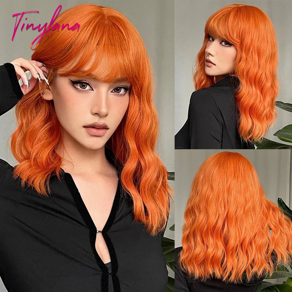 Curly Pink Purple Mixed Blue Wavy Synthetic Wigs with Bangs Short Bob Colorful Cosplay Wig