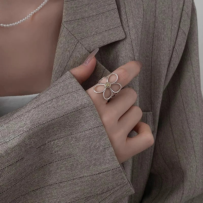 925 Sterling Silver Rings for Women Couple Minimalist Handmade Simple Big Flower Ring Party Jewelry Gift