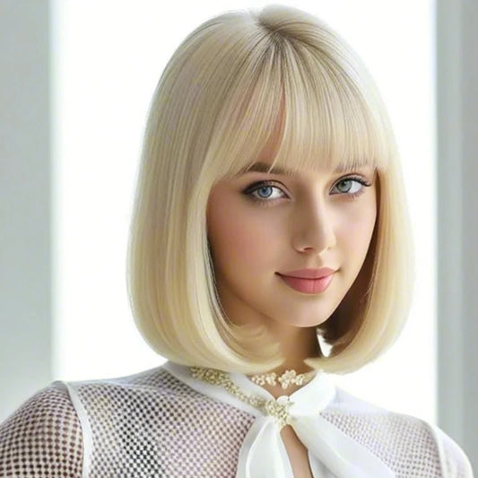 Luxurious 12” gold,color bangs synthetic wig with elegant, voluminous texture for everyday