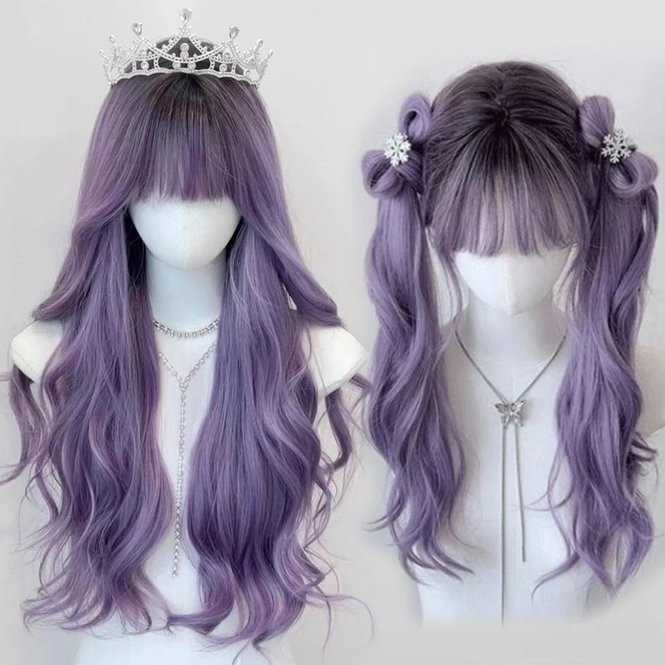 Long Curly Wave Wig with Bangs Blonde Biue Colorful Cosplay Wig for Women