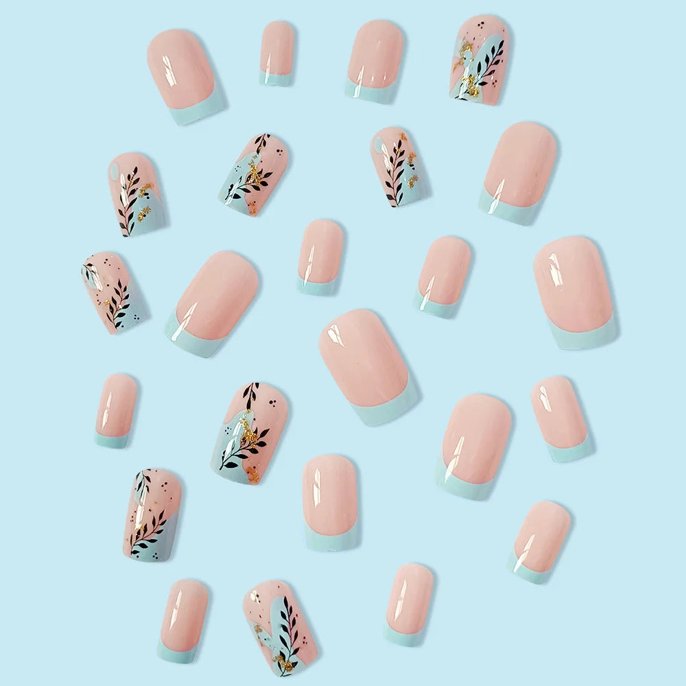 Fashion Leaves Square Head False Nails Set Press On Nails Nude Pink Manicure French Blue