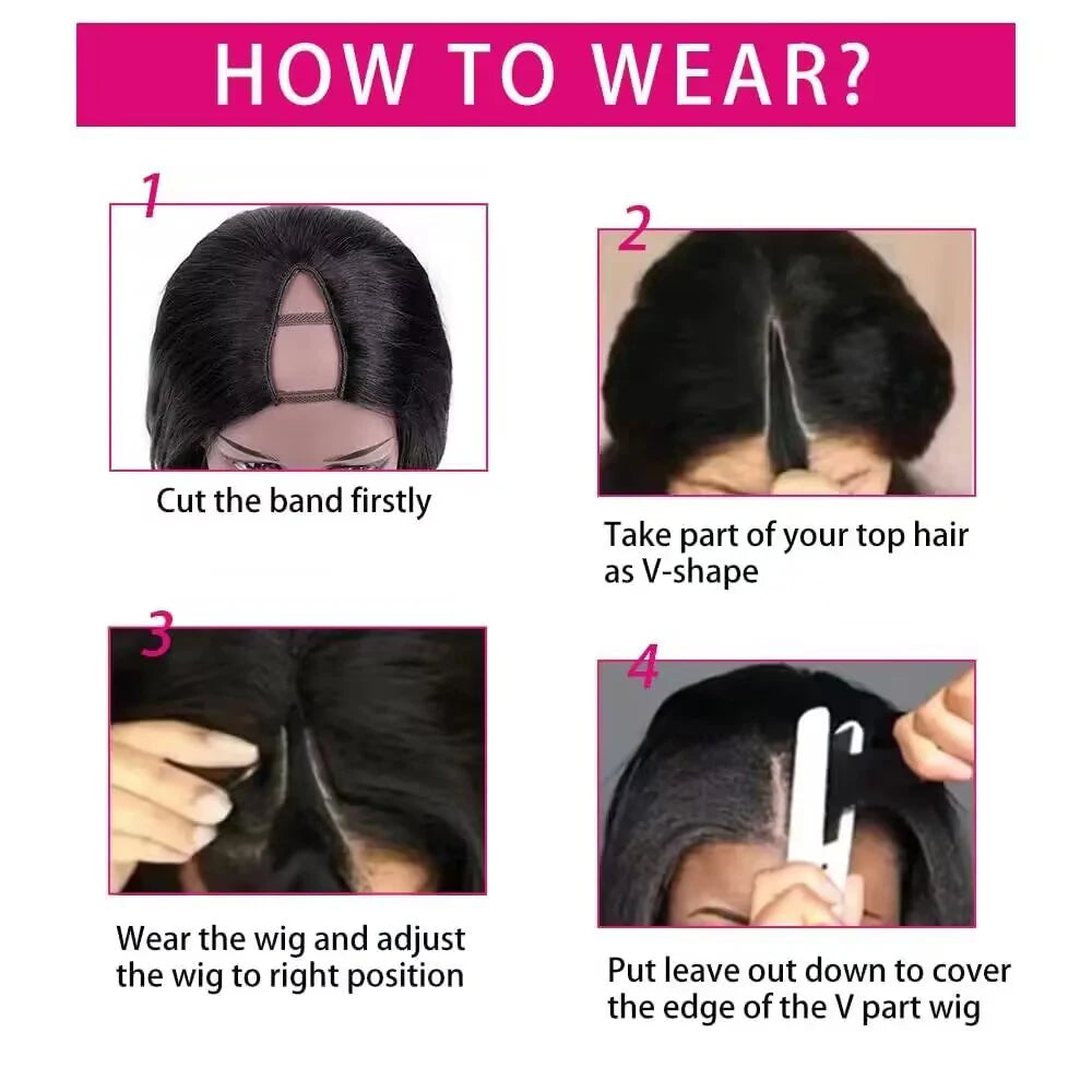 32 Inch Body Wave V Part Wig For Women Brazilian Hair Natural Color Human Hair Wigs 200 Density Machine Made V Shape Wigs