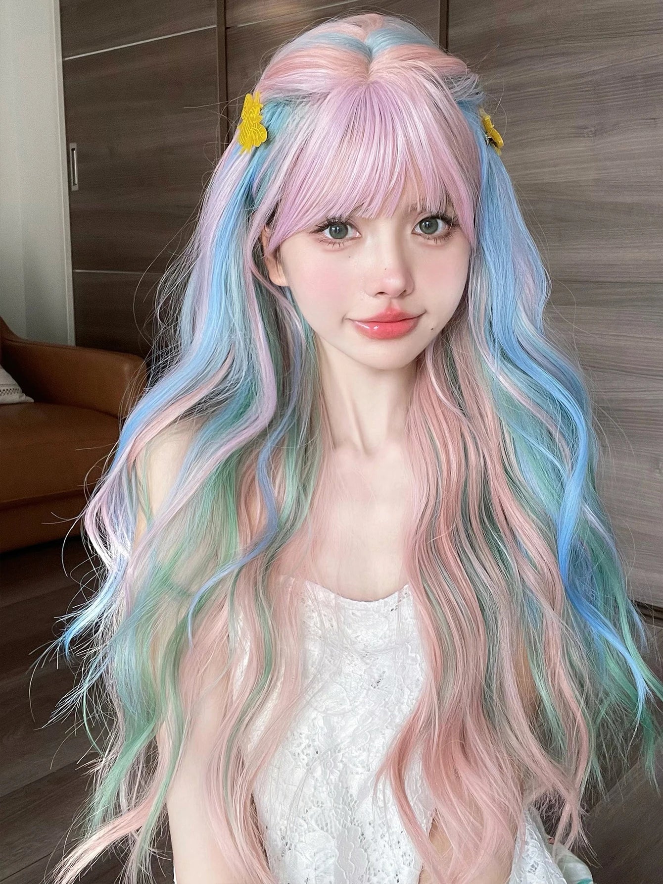 28Inch Iridescent Rainbow Color Multicolour Synthetic Wigs with Bang Long Natural Wavy Hair Wig