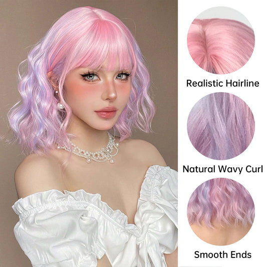 Curly Pink Purple Mixed Blue Wavy Synthetic Wigs with Bangs Short Bob Colorful Cosplay Wig