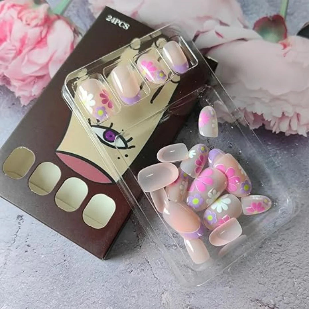 24Pcs Short Almond Press-On Nails Pink Floral French Tip Glossy&Elegant Full Cover Fake Nails