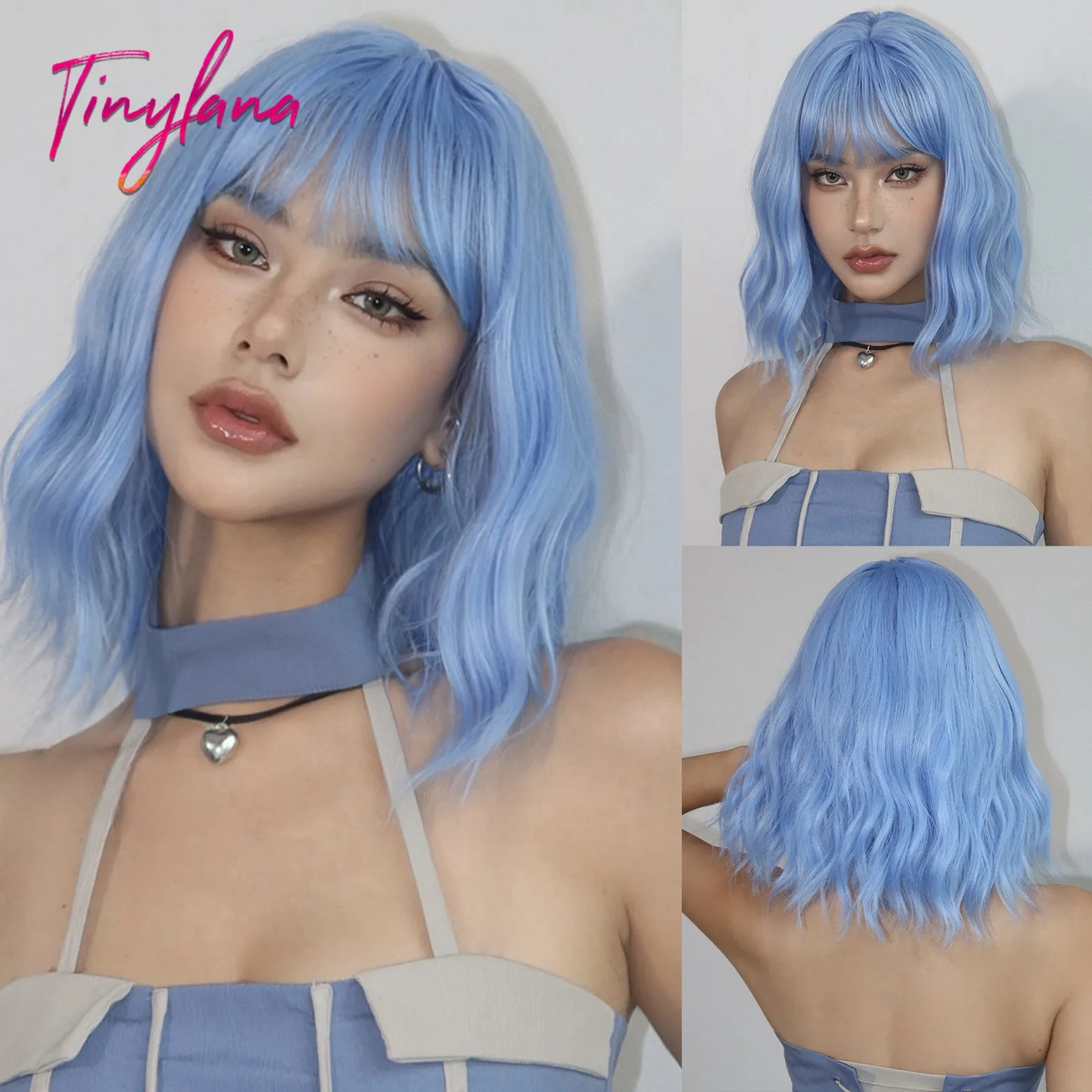 Curly Pink Purple Mixed Blue Wavy Synthetic Wigs with Bangs Short Bob Colorful Cosplay Wig