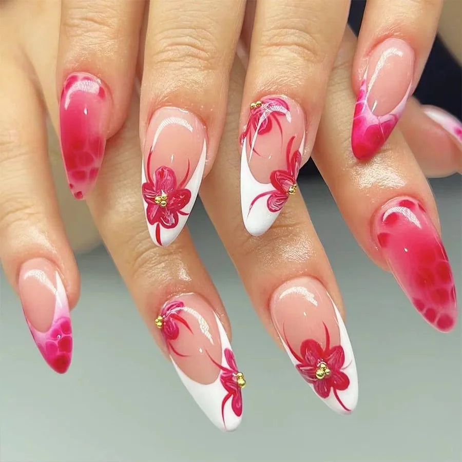24Pcs Short Almond Press-On Nails Pink Floral French Tip Glossy&Elegant Full Cover Fake Nails