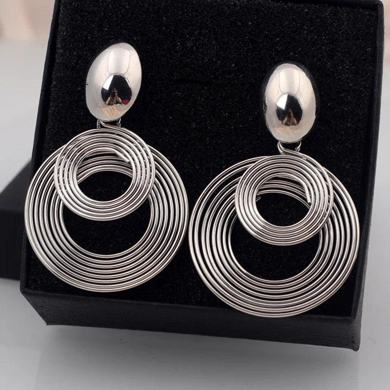 Trendy Big Round Statement Earrings for Women Golden Silver Color Metal Geometry Dangle Drop Earrings