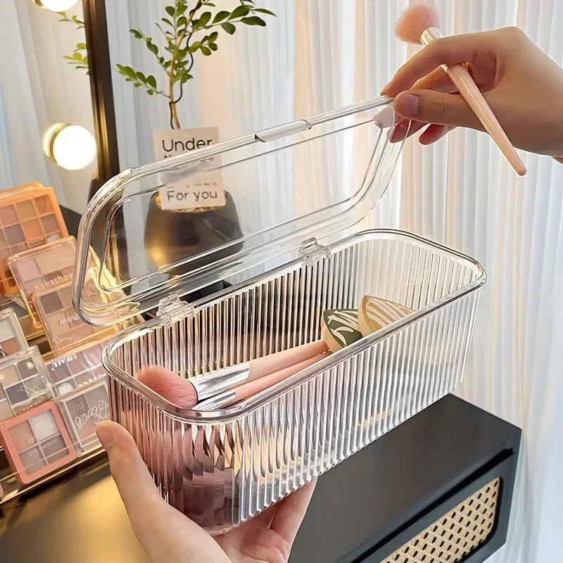 Cosmetics Storage Box with Transparent Plastic Lid, No Need for Power Supply, Dust-proof Storage Brush, Sponge, Lipstick