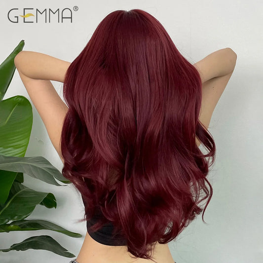 Synthetic Burgundy Long Wavy Wig Wine Red Colorful Cosplay Lolita Wigs with Bangs