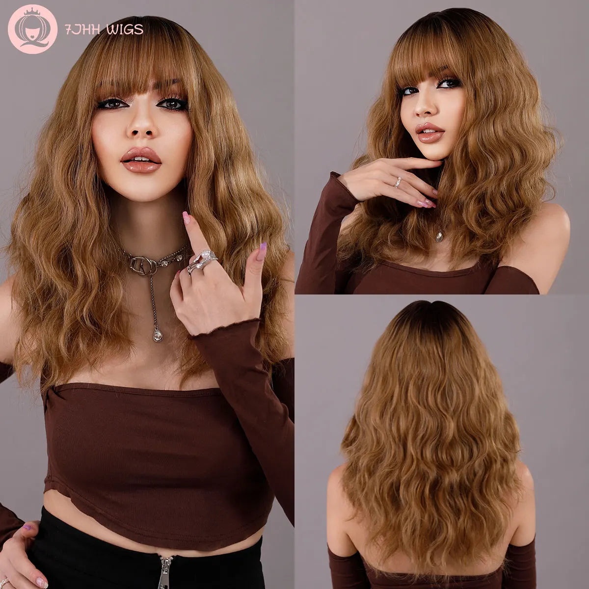 7JHH WIGS Dark Red Wigs for Women Burgundy Wavy Wig with Bangs Colorful Synthetic Ombre Red Wig