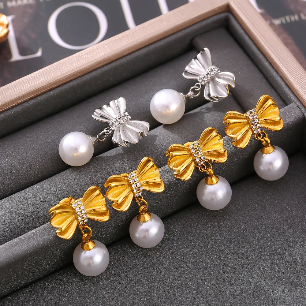 Cute Earrings For Women Bow Pearl Rhinestones Luxury Stainless Steel Vintage