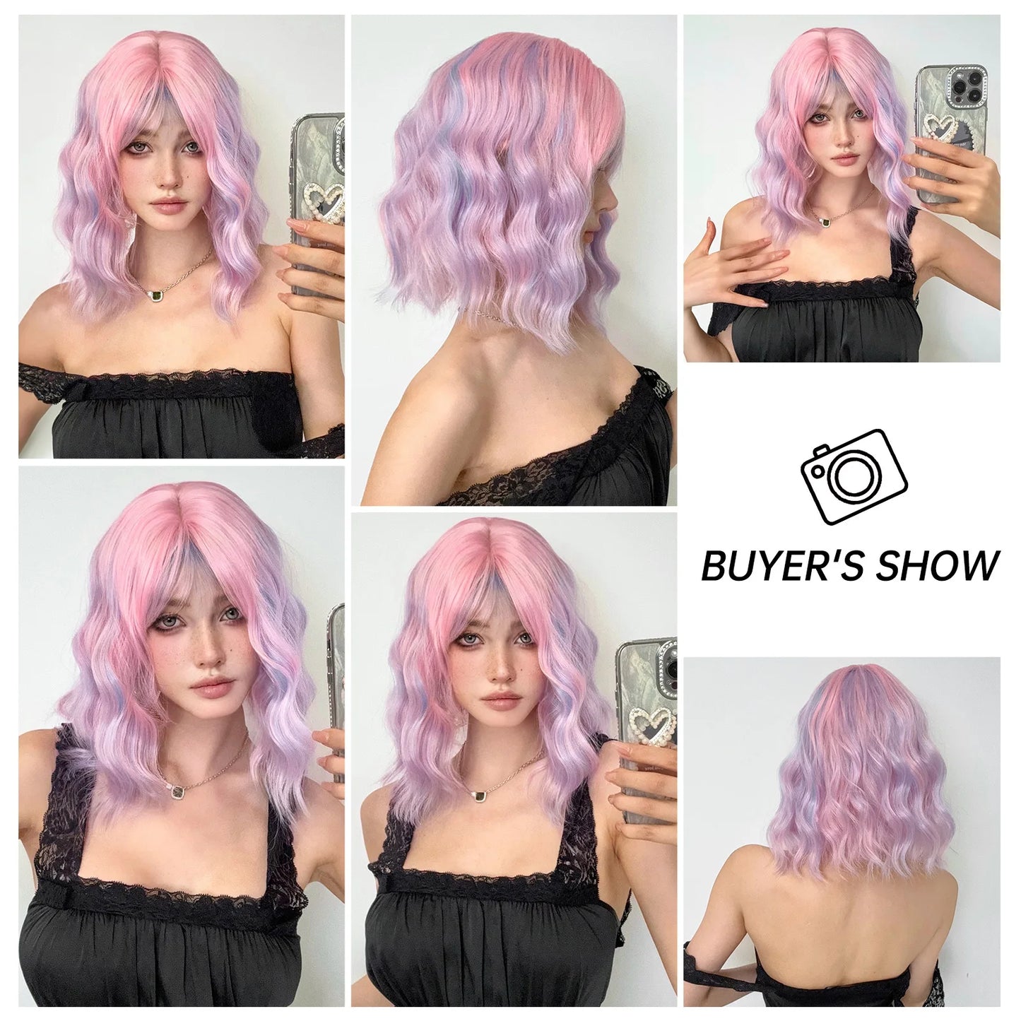 Curly Pink Purple Mixed Blue Wavy Synthetic Wigs with Bangs Short Bob Colorful Cosplay Wig