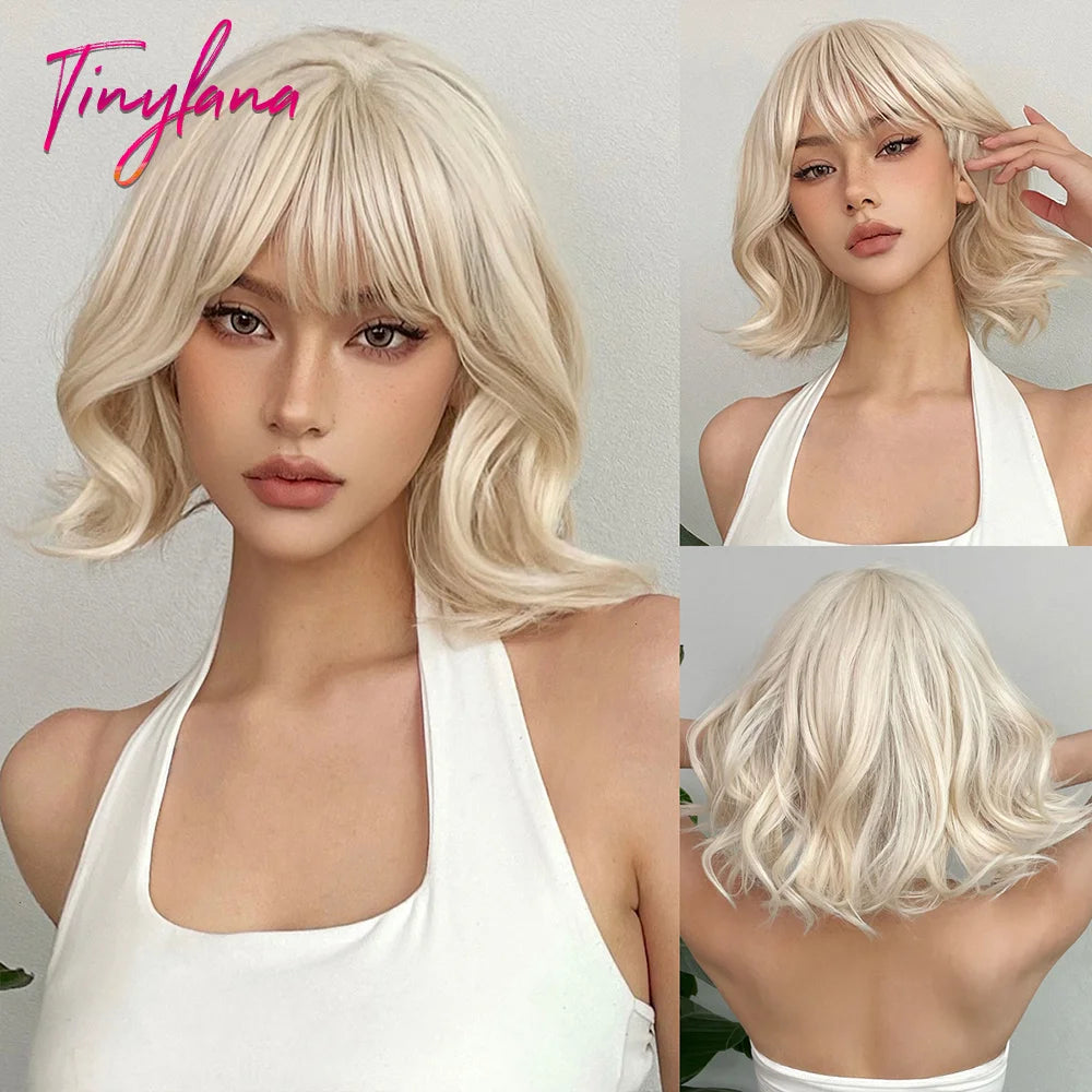 Curly Pink Purple Mixed Blue Wavy Synthetic Wigs with Bangs Short Bob Colorful Cosplay Wig