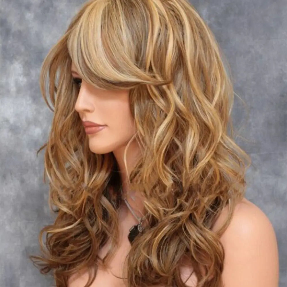 Ladies Blonde Long Curly Wigs Women Natural Wavy Synthetic Hair Cosplay Full Wig