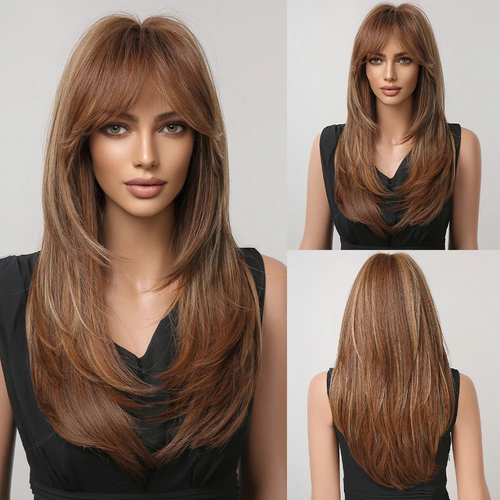 ALAN EATON Long Blonde Wigs for Women Synthetic Hair Wig with Fringe Ombre Color with Dark Roots Layered Wigs Heat Resistant