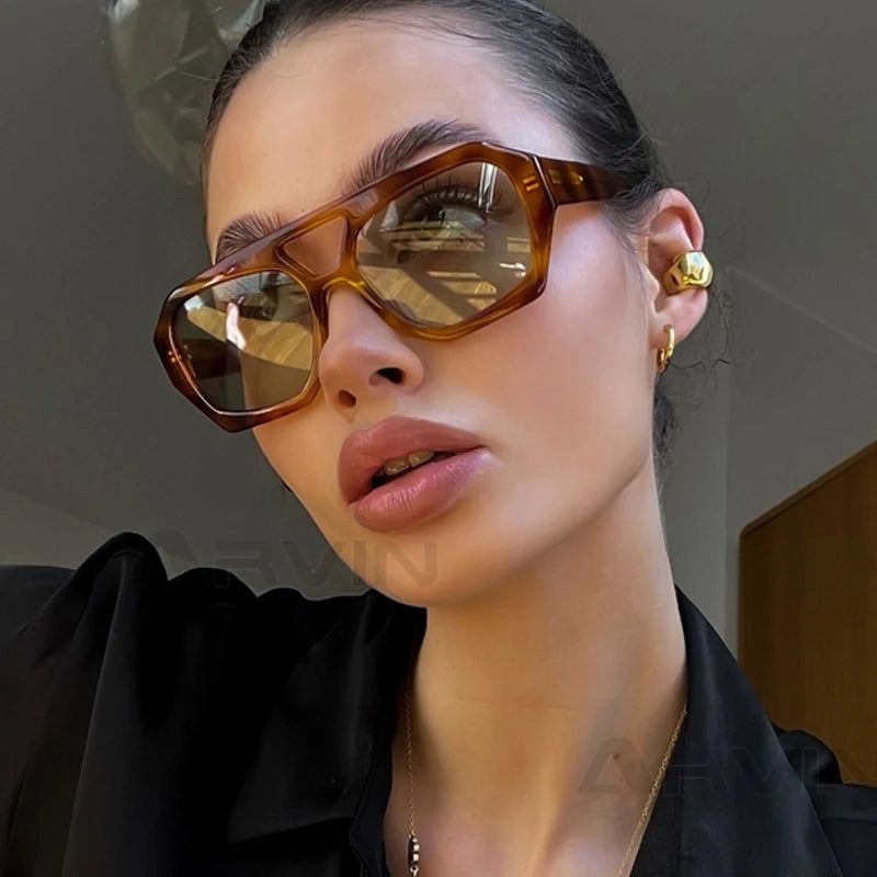 Vintage Square Sunglasses for Women Men Thick Frame Double Bridges Eyewear Female