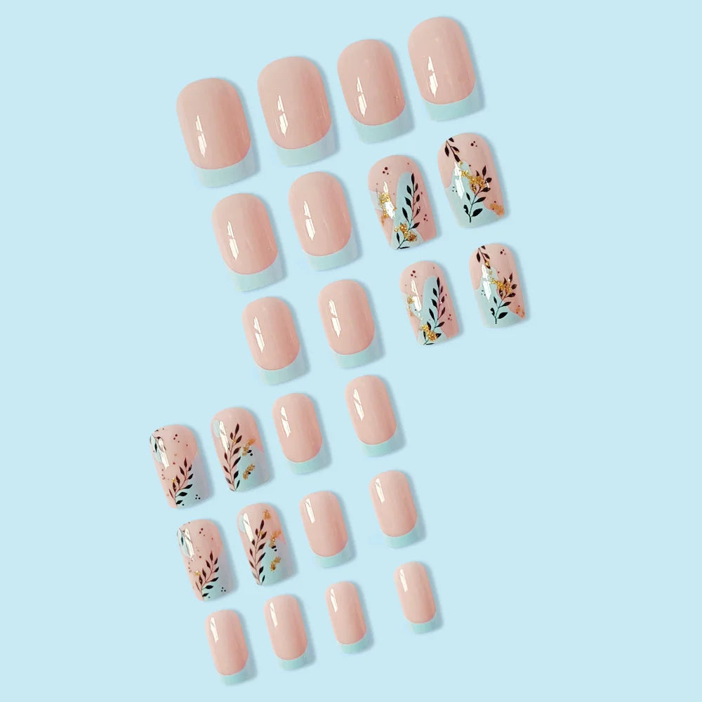 Fashion Leaves Square Head False Nails Set Press On Nails Nude Pink Manicure French Blue