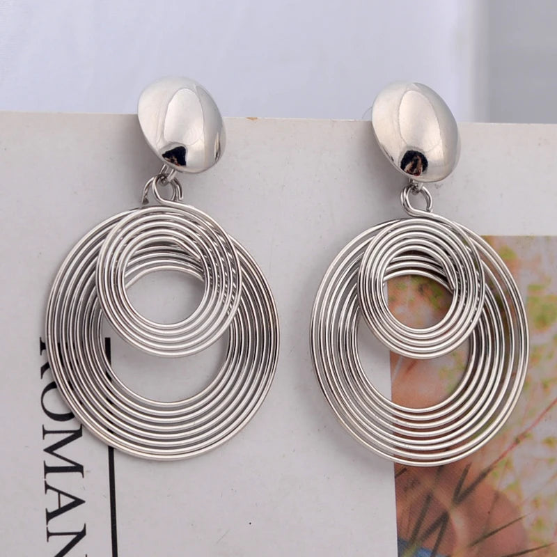 Trendy Big Round Statement Earrings for Women Golden Silver Color Metal Geometry Dangle Drop Earrings