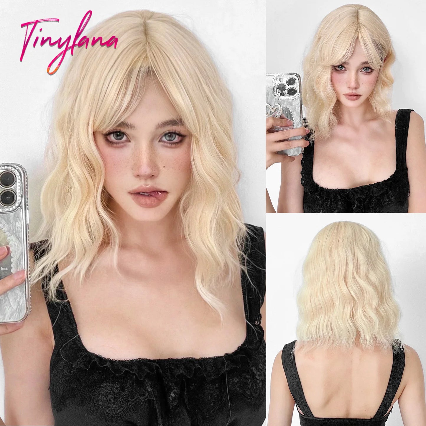 Curly Pink Purple Mixed Blue Wavy Synthetic Wigs with Bangs Short Bob Colorful Cosplay Wig