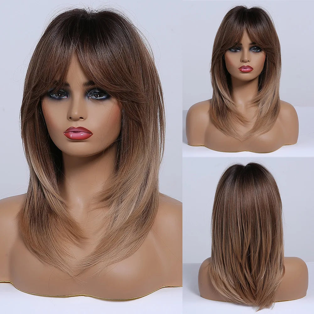ALAN EATON Long Blonde Wigs for Women Synthetic Hair Wig with Fringe Ombre Color with Dark Roots Layered Wigs Heat Resistant