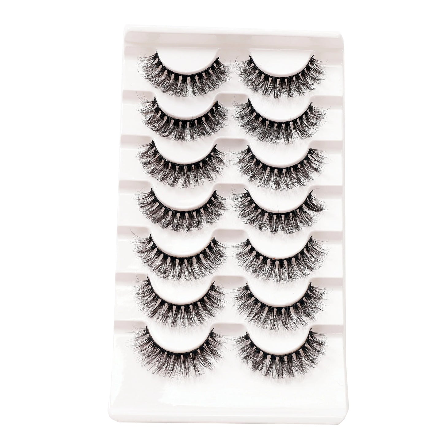 7 pairs of naturally soft false eyelashes with lightweight design, 3D curling, and D-shaped curling