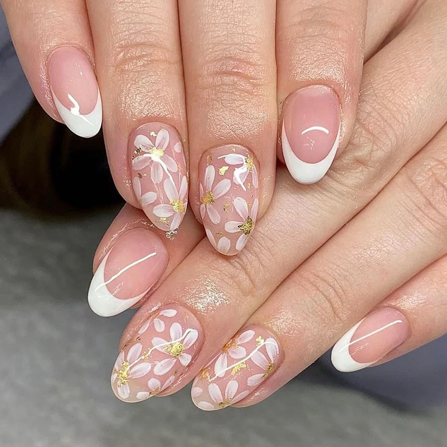 24Pcs Short Almond Press-On Nails Pink Floral French Tip Glossy&Elegant Full Cover Fake Nails