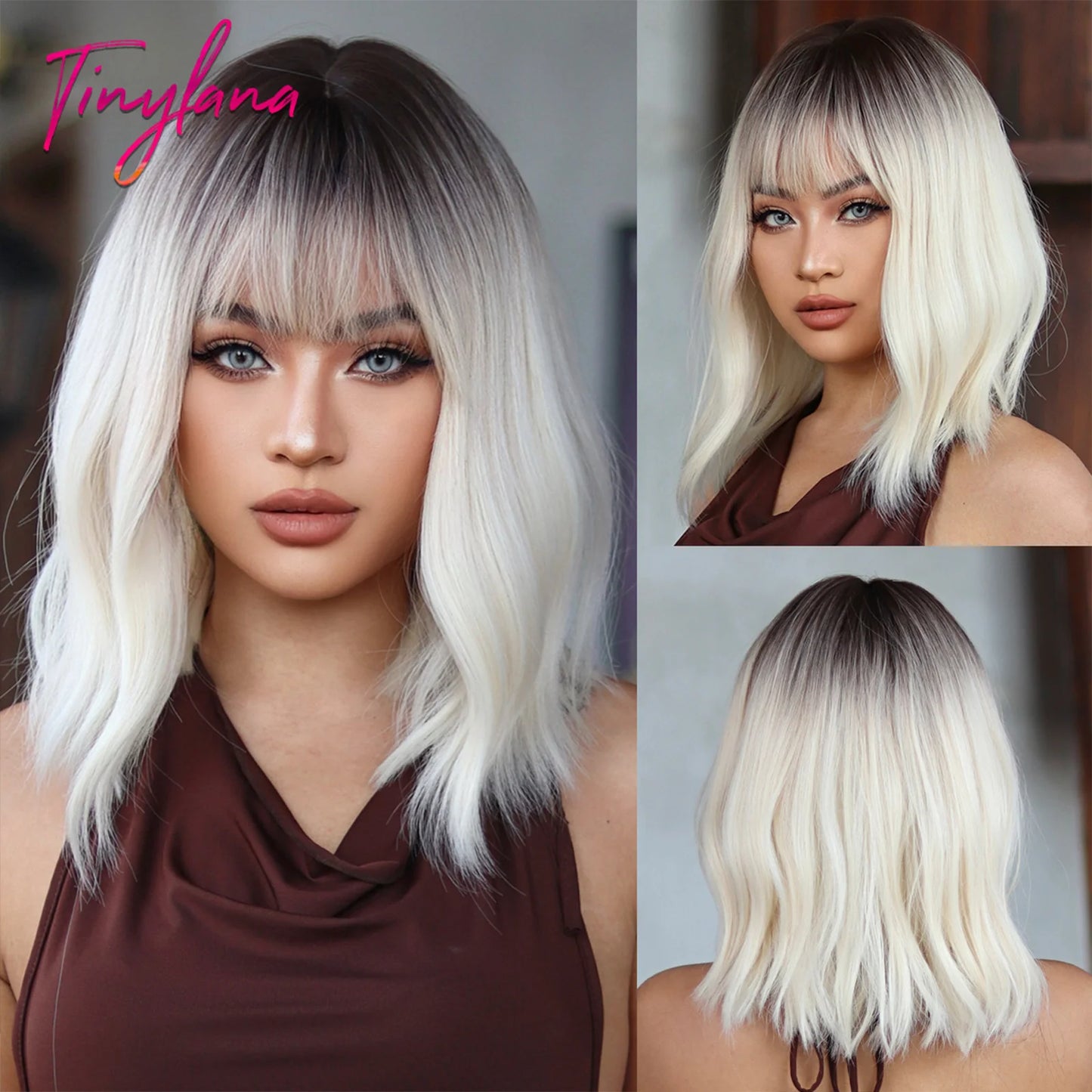 Curly Pink Purple Mixed Blue Wavy Synthetic Wigs with Bangs Short Bob Colorful Cosplay Wig