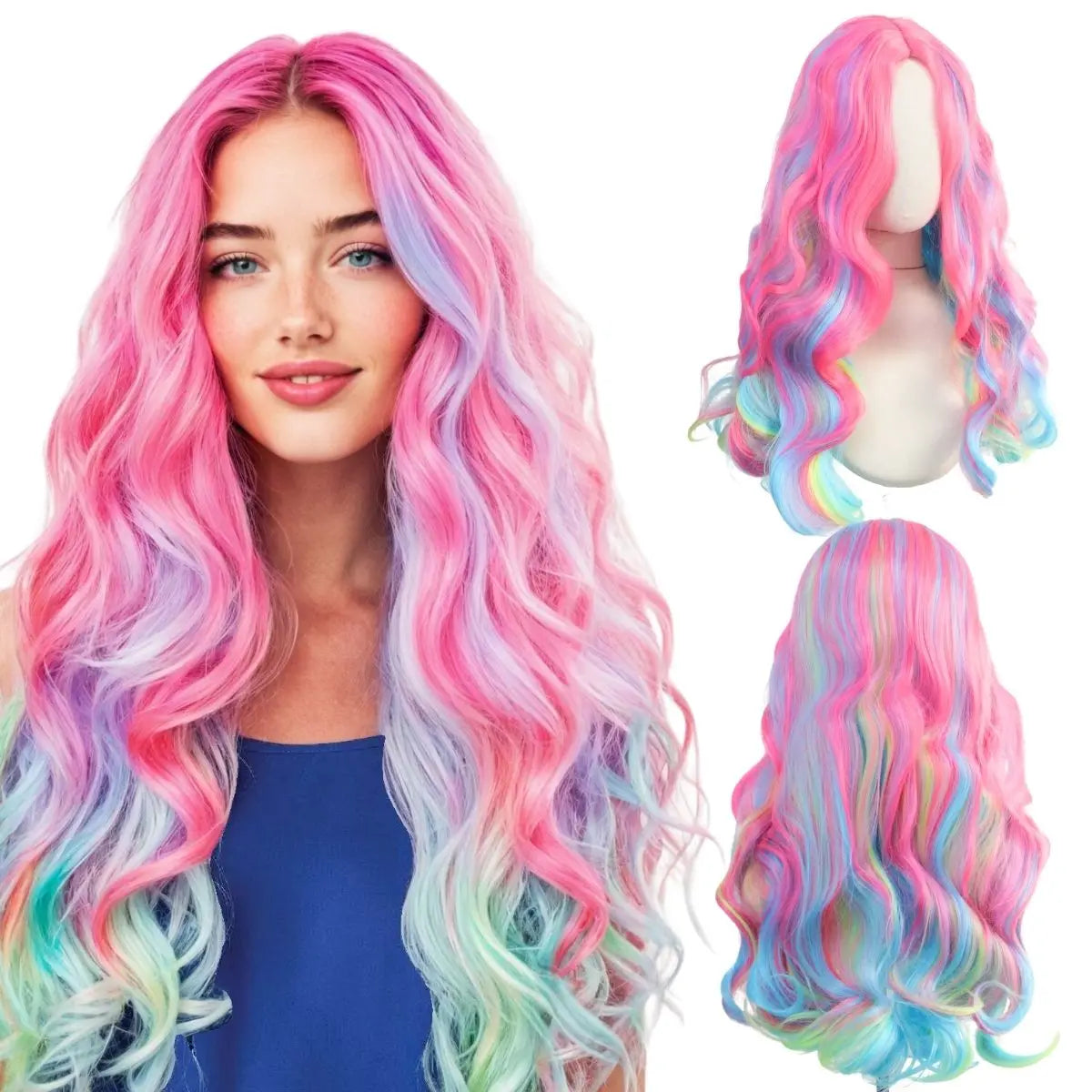 Colorful Lolita gradient highlights long curly hair synthetic middle part wig four color anime wigs