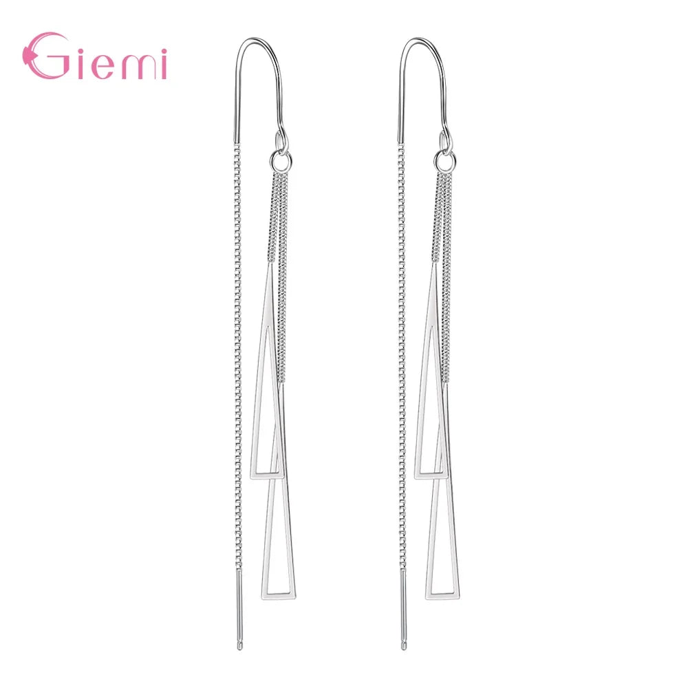 925 Sterling Silver Earrings Fashion Jewelry Simple Geometric Tassel Long Box Chain