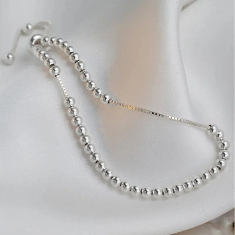 100% Solid 925 Sterling Silver Metal Bracelets for Women Men Beads Adjustable Handmade