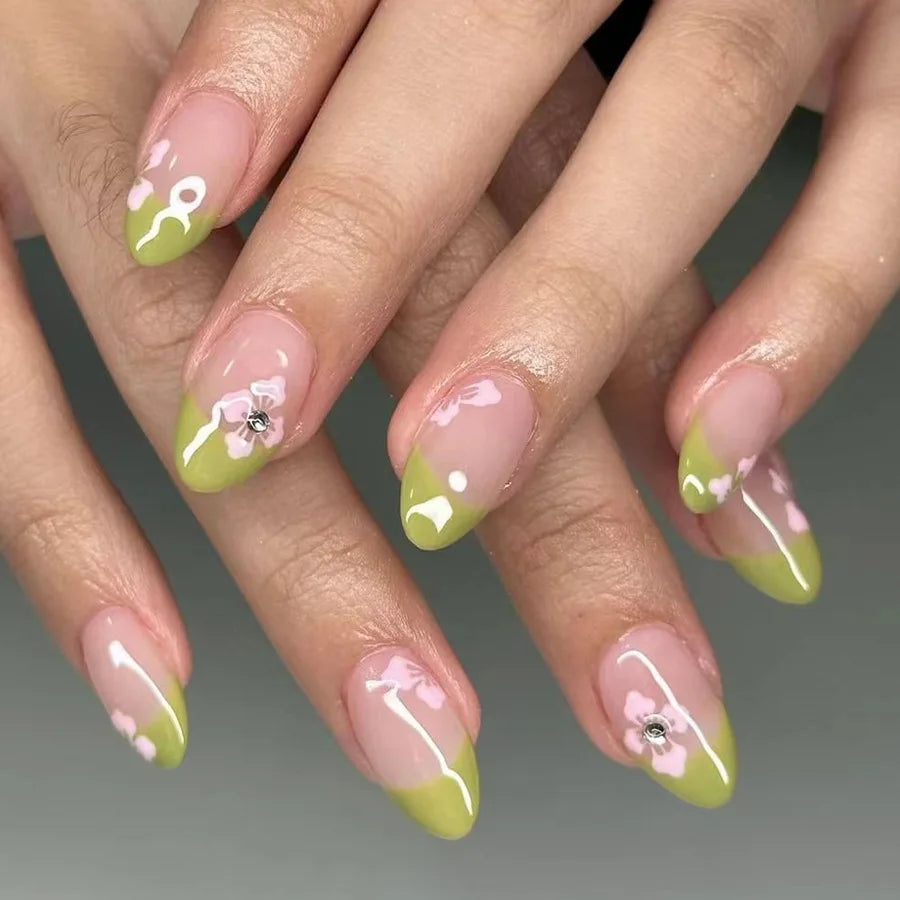 24Pcs Short Almond Press-On Nails Pink Floral French Tip Glossy&Elegant Full Cover Fake Nails