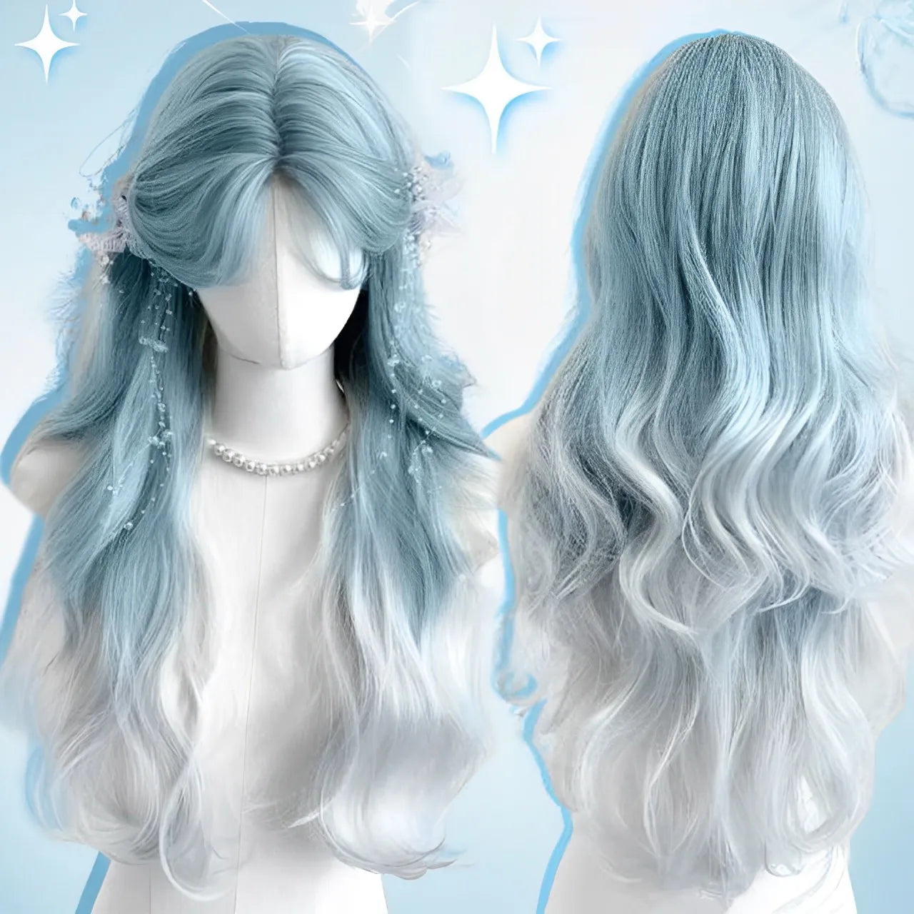 Long Curly Wave Wig with Bangs Blonde Biue Colorful Cosplay Wig for Women