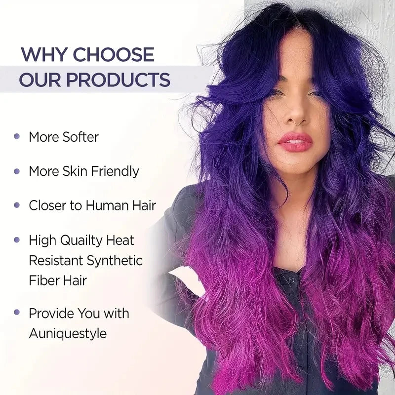 Long Purple Wavy Wigs Ombre Purple Body Wave Mermaid Hair Wig F