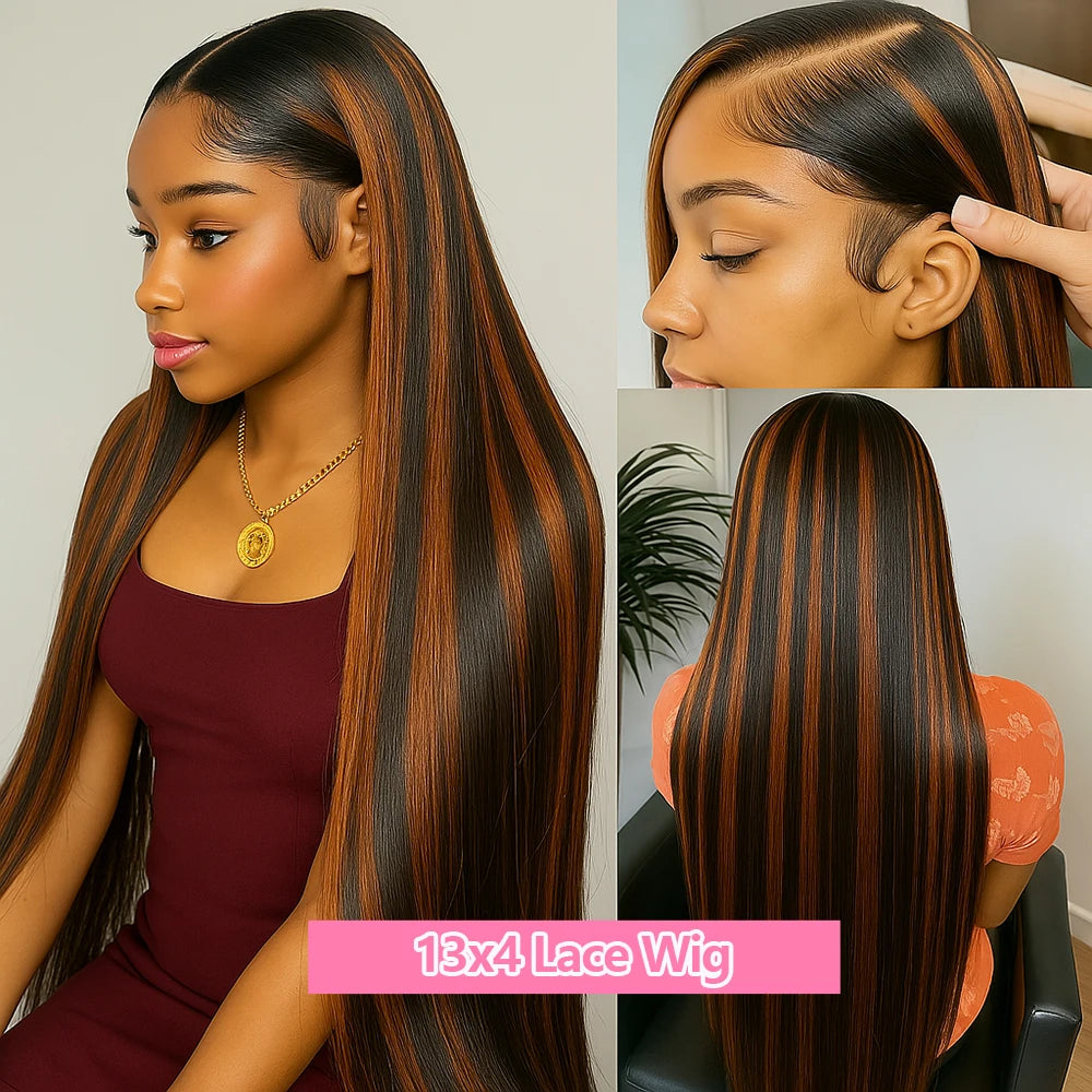 1B/30 Highlight Omber Brown Colored Wigs Human Hair 30 Inch High Density 13x4 Bone Straight Hd Lace Front Wig Human Hair On Sale