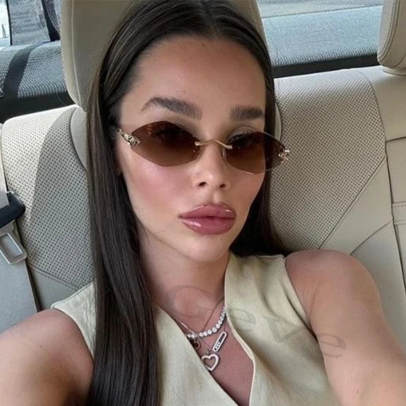 Fashion Small Polygonal Sunglasses for Women Luxury Brand Rmless Brown Rhombus Sun Glasses
