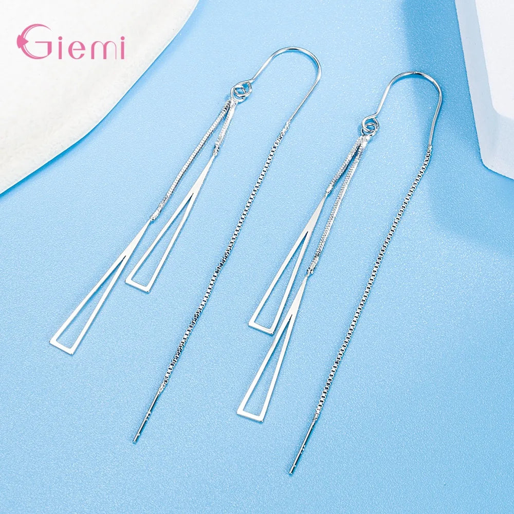 925 Sterling Silver Earrings Fashion Jewelry Simple Geometric Tassel Long Box Chain