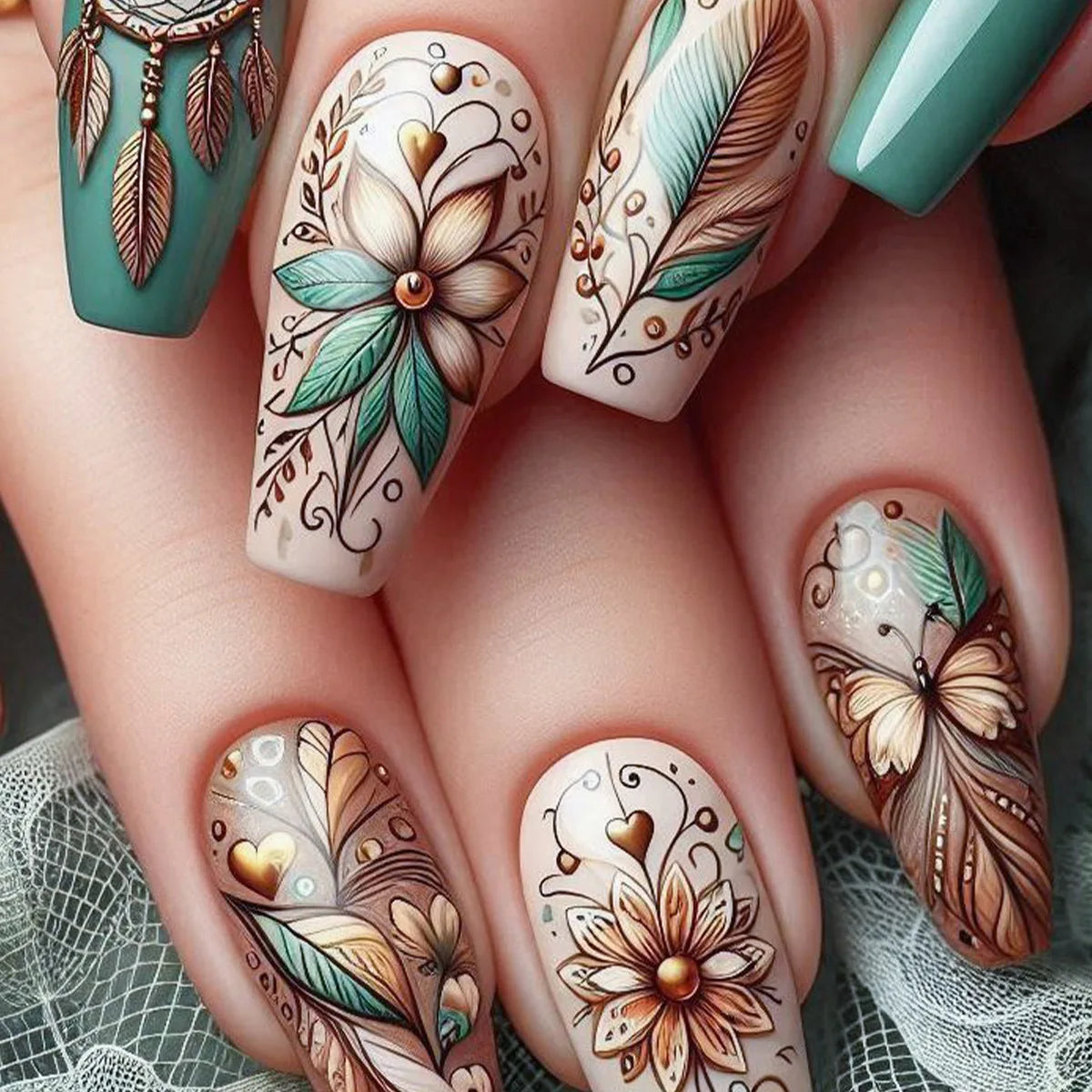 24pcs/set Medium long fake nails for women Spring summer flowers butterfly bee design faux ongles tips