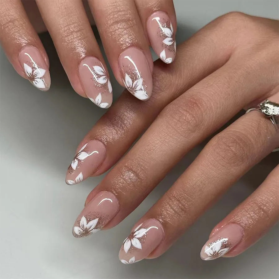 24Pcs Short Almond Press-On Nails Pink Floral French Tip Glossy&Elegant Full Cover Fake Nails