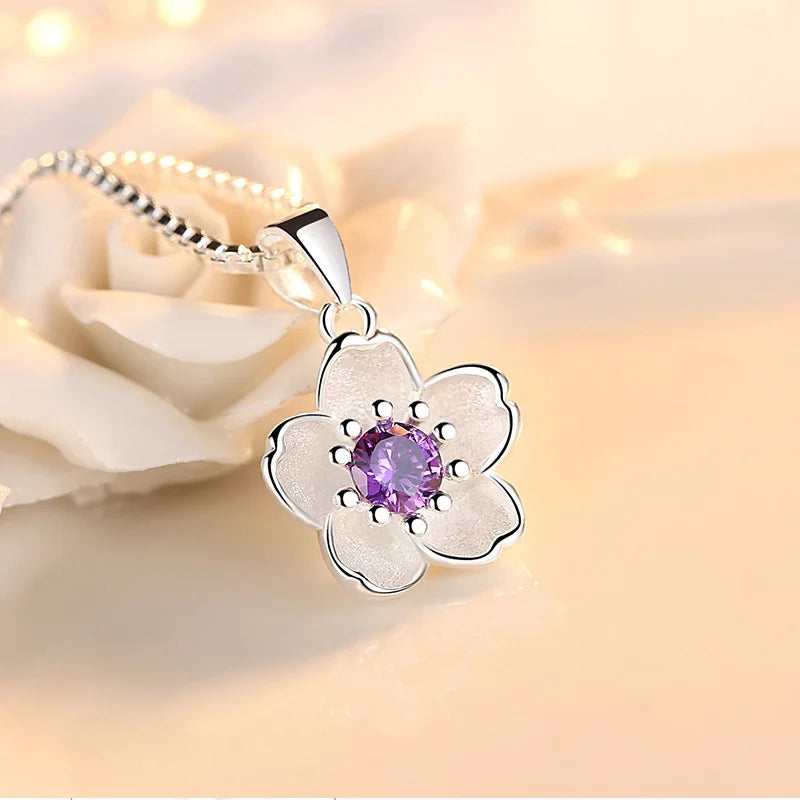 925 Sterling Silver Pink Purple Peach Blossom Necklaces For Women Retro Luxury Jewelry