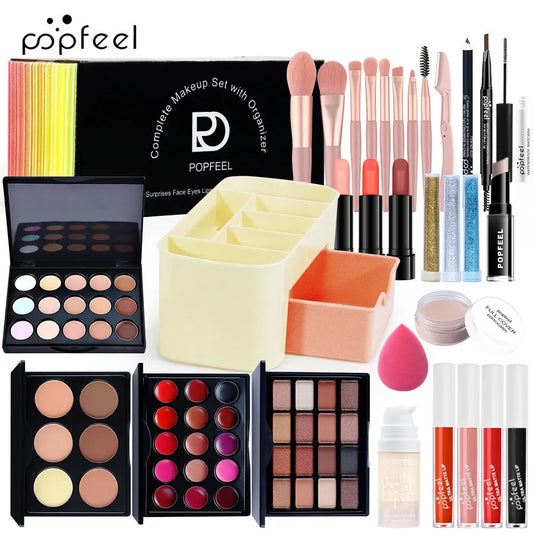 Makeup Kit Full Set All in One Eye Shadow Eyebrow Lipstick Mascara Contour Powder Brush Sets Gif