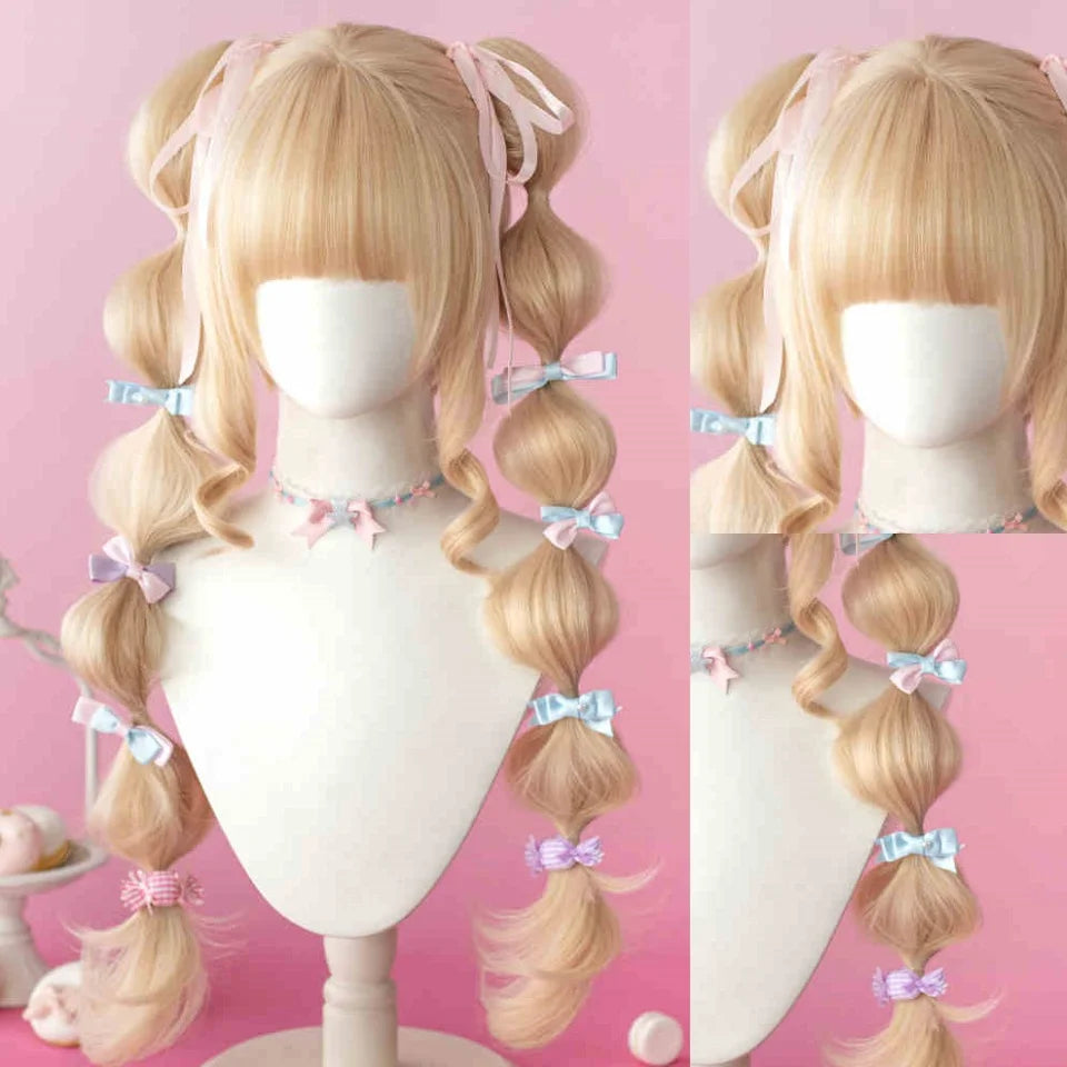 Long Curly Wave Wig with Bangs Blonde Biue Colorful Cosplay Wig for Women